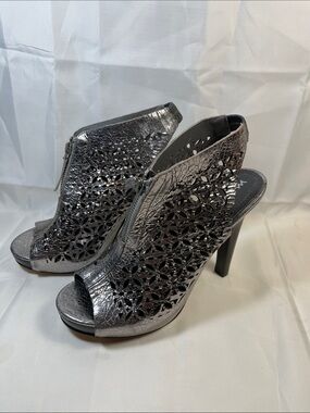 Women's Metallic Silver Cutout Peep-Toe High Heel Sandals
